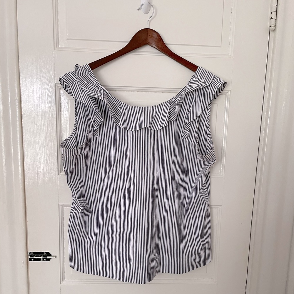 a.n.a blue and white stripped ruffle blouse